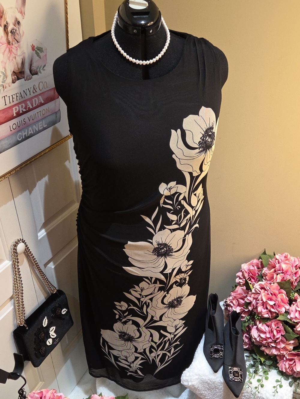 Nwt 2X Rachel Zoe Black Maxi Dress with Cream Floral Motif - Picture 3 of 16